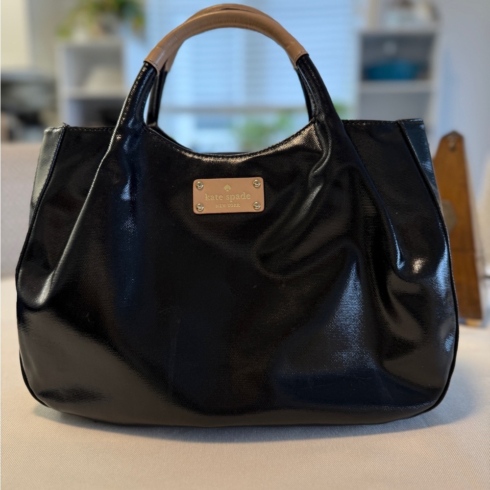 Kate Spade Elegant Black Purse with taupe handle wrapped polka dot interior